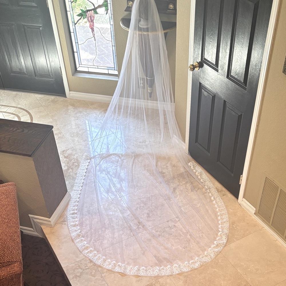Elegant White Lace Beaded Bridal Veil